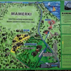 Mapa kompleksu bunkrów w Mamerkach, z zaznaczonymi obiektami z lat 1941-1944, w tym podziemnym tunelem i rekonstrukcją U-Boota.