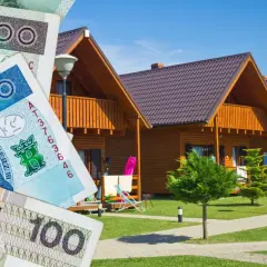 Polskie banknoty przed drewnianymi domkami letniskowymi. Zastanawiasz się, gdzie najlepiej rezerwować noclegi, by wakacje były udane i nie zrujnowały budżetu?