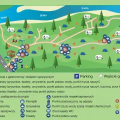 Mapa **camping Łęg Frydman** z zaznaczonymi namiotami, kamperami, placem zabaw, recepcją, sanitariatami i parkingiem.