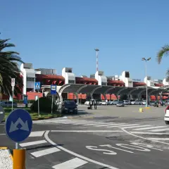 Słoneczny dzień na lotnisku Lamezia Terme. Palmy, samochody i nowoczesny budynek terminala.