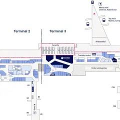 Plan lotniska Kopenhaga Kastrup: Terminal 2 i 3, bramki A, B, C, D, E, F, strefa bezpieczeństwa, Tax Free, metro i pociąg.