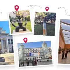 Wspomnienia z wizyty w muzeum w Madrycie: imponująca fasada Prado, rzeźby w ogrodzie i wnętrza pełne sztuki.