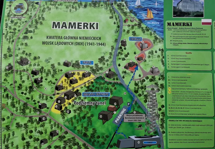 Mapa kompleksu bunkrów w Mamerkach, z zaznaczonymi obiektami z lat 1941-1944, w tym podziemnym tunelem i rekonstrukcją U-Boota.