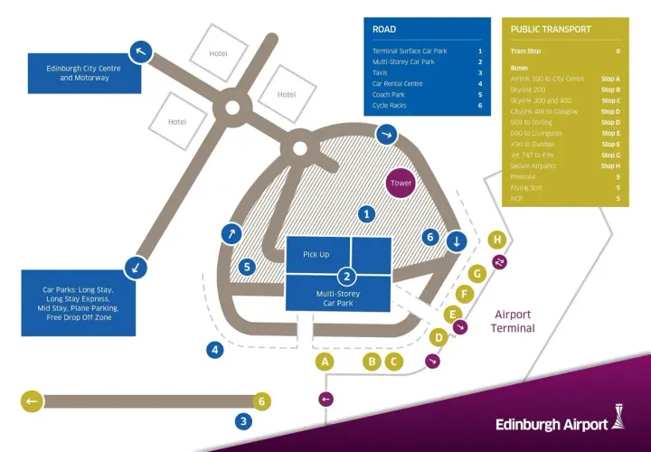 Mapa drogowa i transportu publicznego portu lotniczego Edynburg.