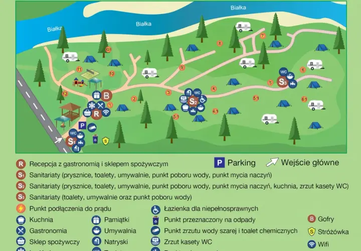 Mapa **camping Łęg Frydman** z zaznaczonymi namiotami, kamperami, placem zabaw, recepcją, sanitariatami i parkingiem.