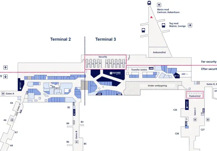 Plan lotniska Kopenhaga Kastrup: Terminal 2 i 3, bramki A, B, C, D, E, F, strefa bezpieczeństwa, Tax Free, metro i pociąg.