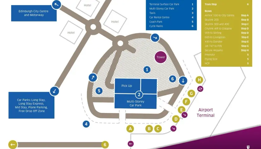 Mapa drogowa i transportu publicznego portu lotniczego Edynburg.