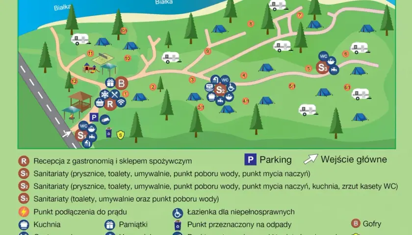 Mapa **camping Łęg Frydman** z zaznaczonymi namiotami, kamperami, placem zabaw, recepcją, sanitariatami i parkingiem.