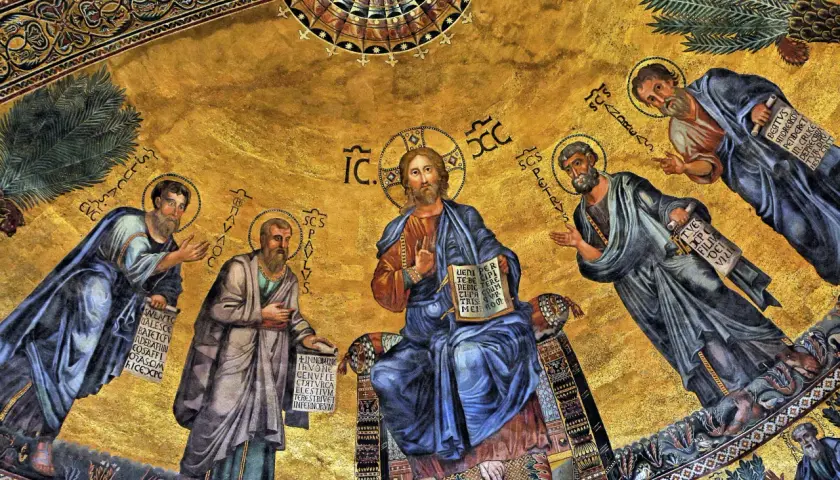 Złota mozaika w bazylice św. Pawła za Murami: Chrystus z apostołami, w tym św. Paweł, nauczający z księgą.