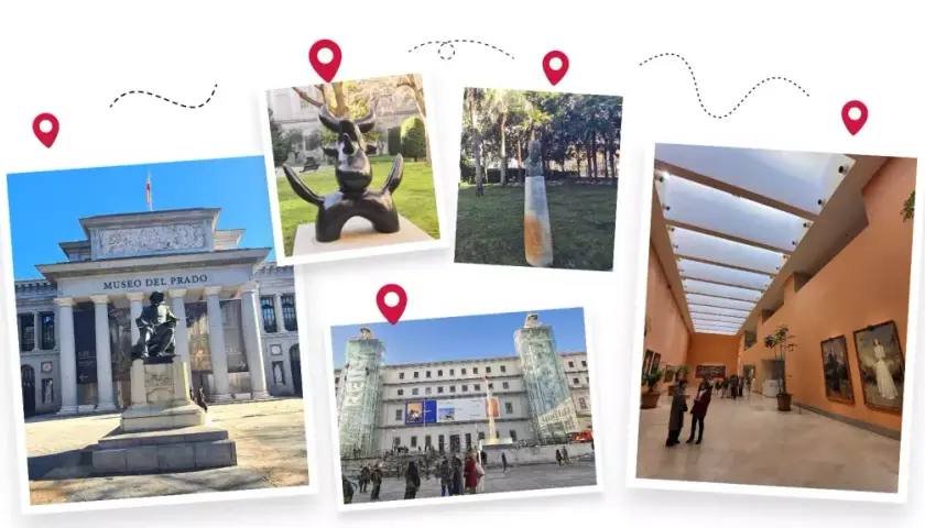 Wspomnienia z wizyty w muzeum w Madrycie: imponująca fasada Prado, rzeźby w ogrodzie i wnętrza pełne sztuki.