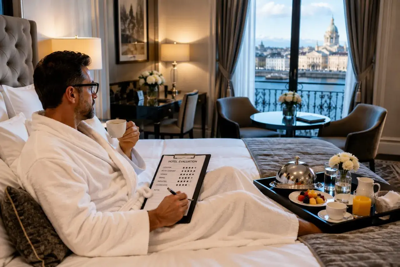 Mężczyzna w szlafroku pije kawę i wypełnia formularz oceny hotelu. To jego sposób na naukę, jak zostać testerem hoteli.