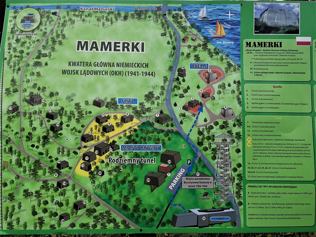 Mapa kompleksu bunkrów w Mamerkach, z zaznaczonymi obiektami z lat 1941-1944, w tym podziemnym tunelem i rekonstrukcją U-Boota.
