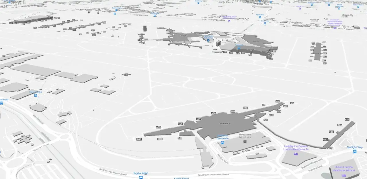 Widok 3D portu lotniczego Londyn Heathrow z zaznaczonymi terminalami 1, 2, 3 i 4, pasami startowymi oraz drogami.