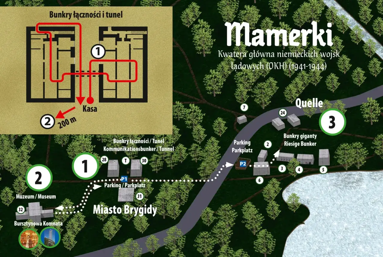 Mapa Mamerki: zwiedzaj bunkry, muzeum i legendarną Bursztynową Komnatę.