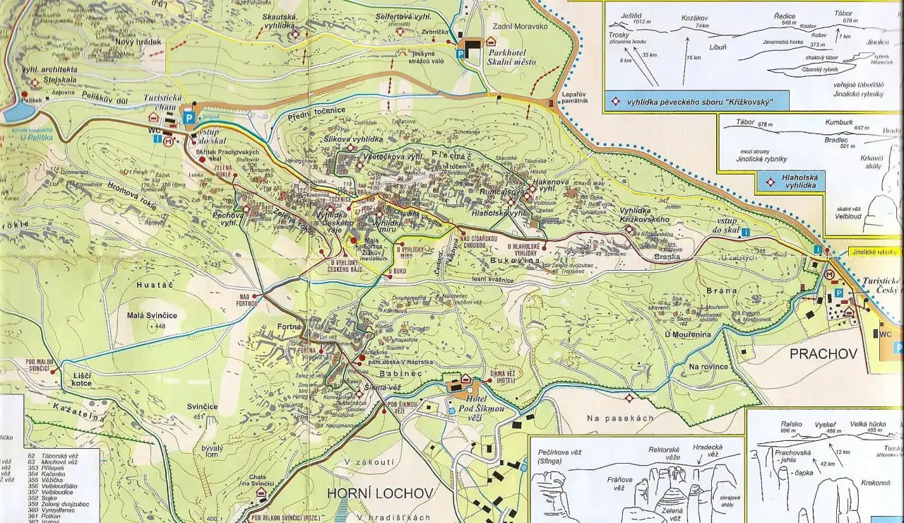 Mapa turystyczna przedstawiająca miasteczko skalne Czechy, z zaznaczonymi szlakami, punktami widokowymi i formacjami skalnymi.