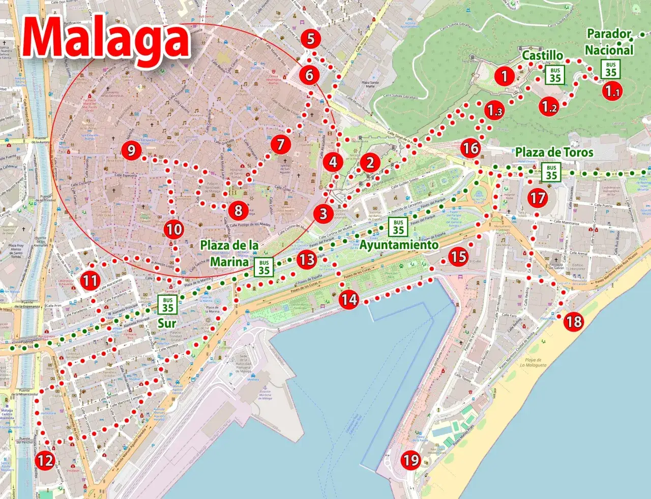 Mapa turystyczna Malagi z zaznaczonymi atrakcjami, w tym katedrą.