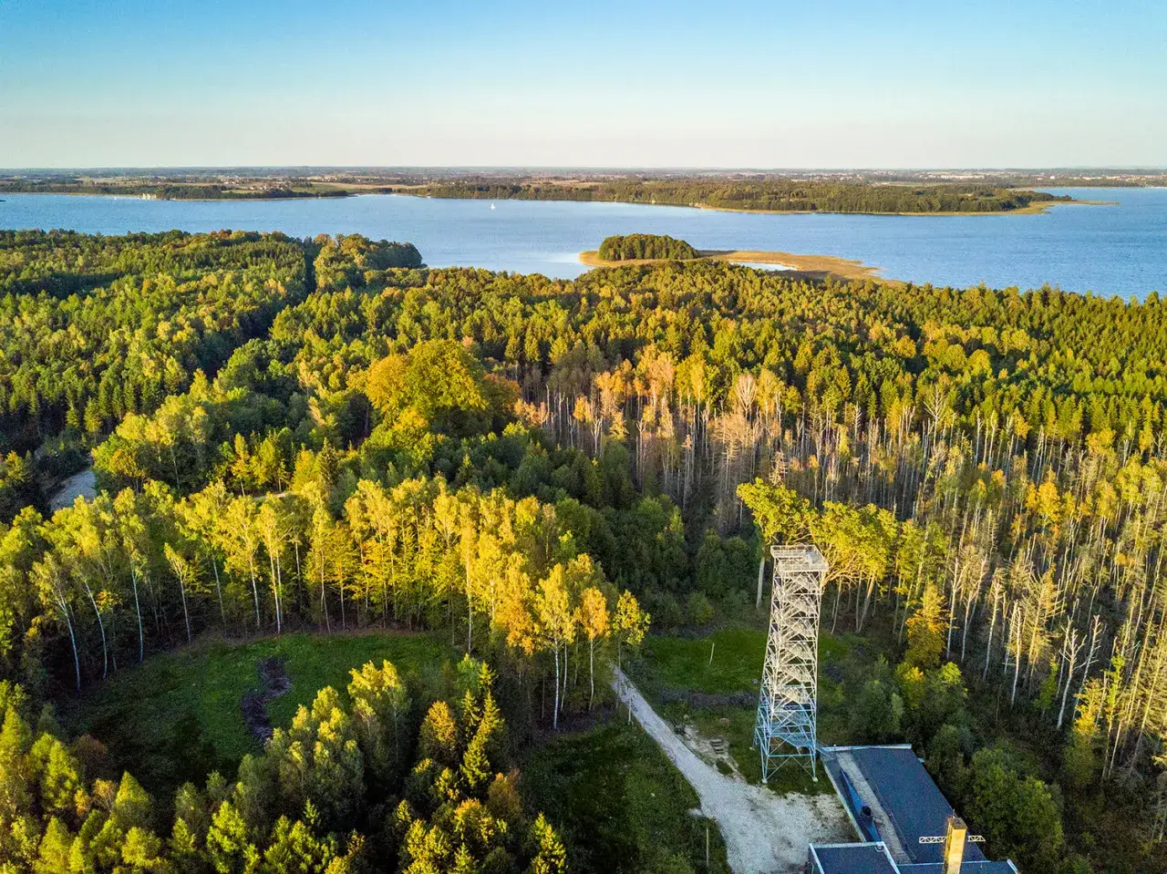 Wieża widokowa nad lasem, niedaleko jeziora. W oddali widać fragmenty historycznego bunkra w Mamerkach.