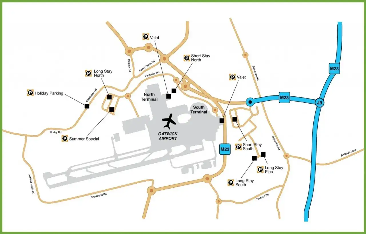 Mapa drogowa portu lotniczego Londyn Gatwick z parkingami: Long Stay, Short Stay, Holiday Parking, Summer Special i Valet.