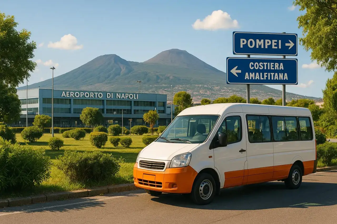 Biały bus czeka na pasażerów przed budynkiem Aeroporto di Napoli. W tle widać Wezuwiusza, a znaki wskazują drogę do Pompejów i Wybrzeża Amalfitańskiego.