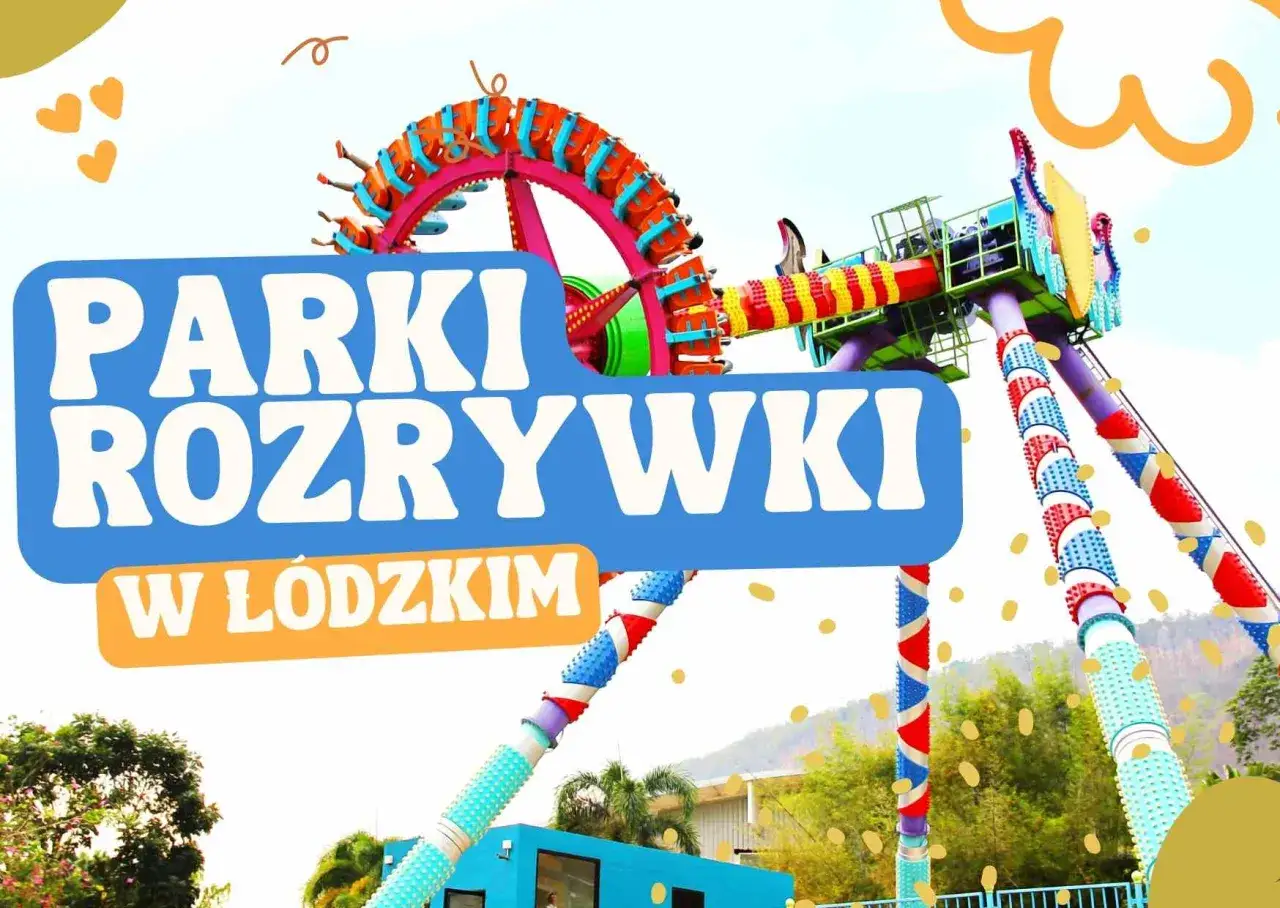 Kolorowe atrakcje dla dzieci łódzkie: karuzela i inne urządzenia w parku rozrywki.