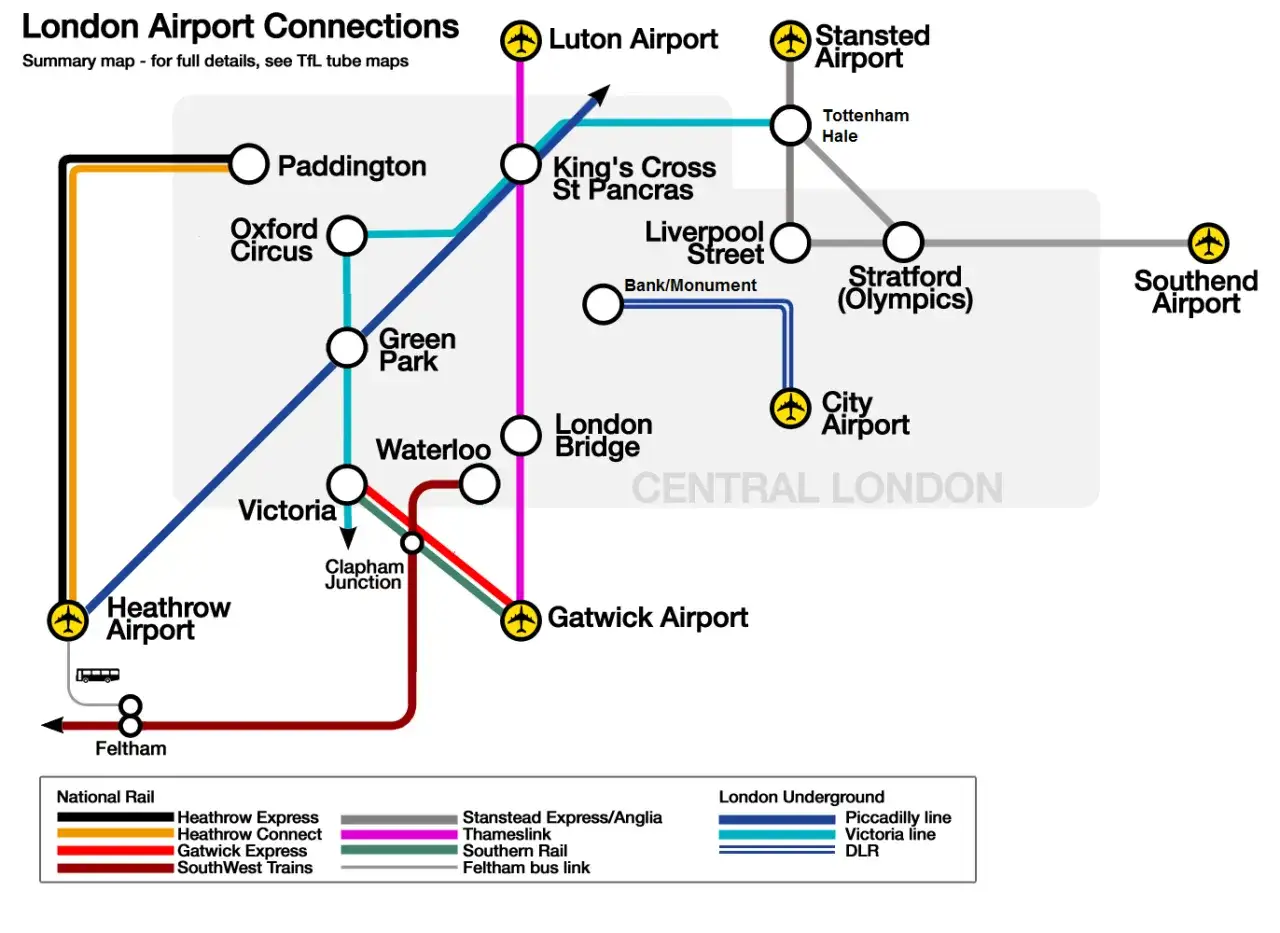 Mapa połączeń lotniczych Londynu: Heathrow, Gatwick, Luton, Stansted, Southend i City. Zobacz, jak dojechać do portu lotniczego Londyn Heathrow.