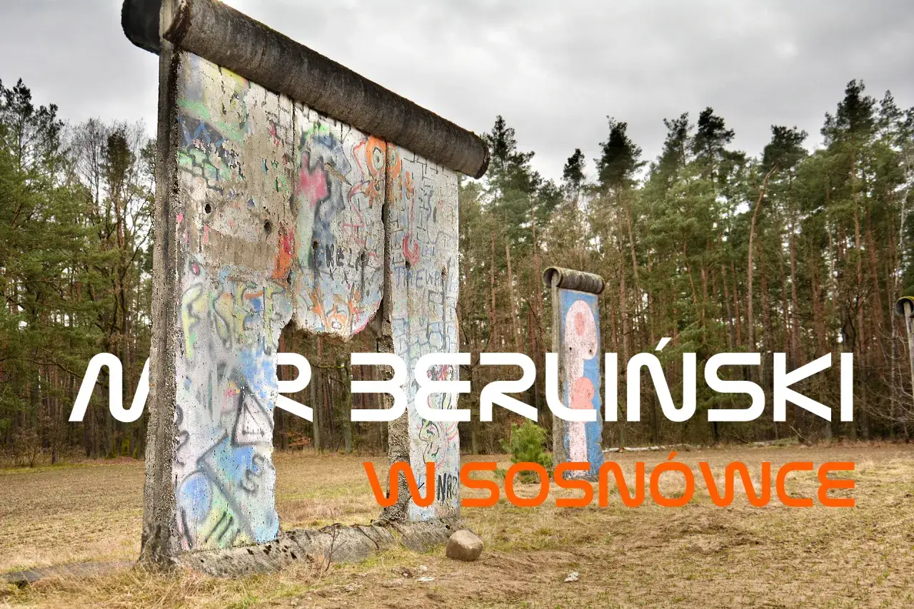 Fragment muru berlińskiego pokryty kolorowymi graffiti, stojący na tle sosnowego lasu.